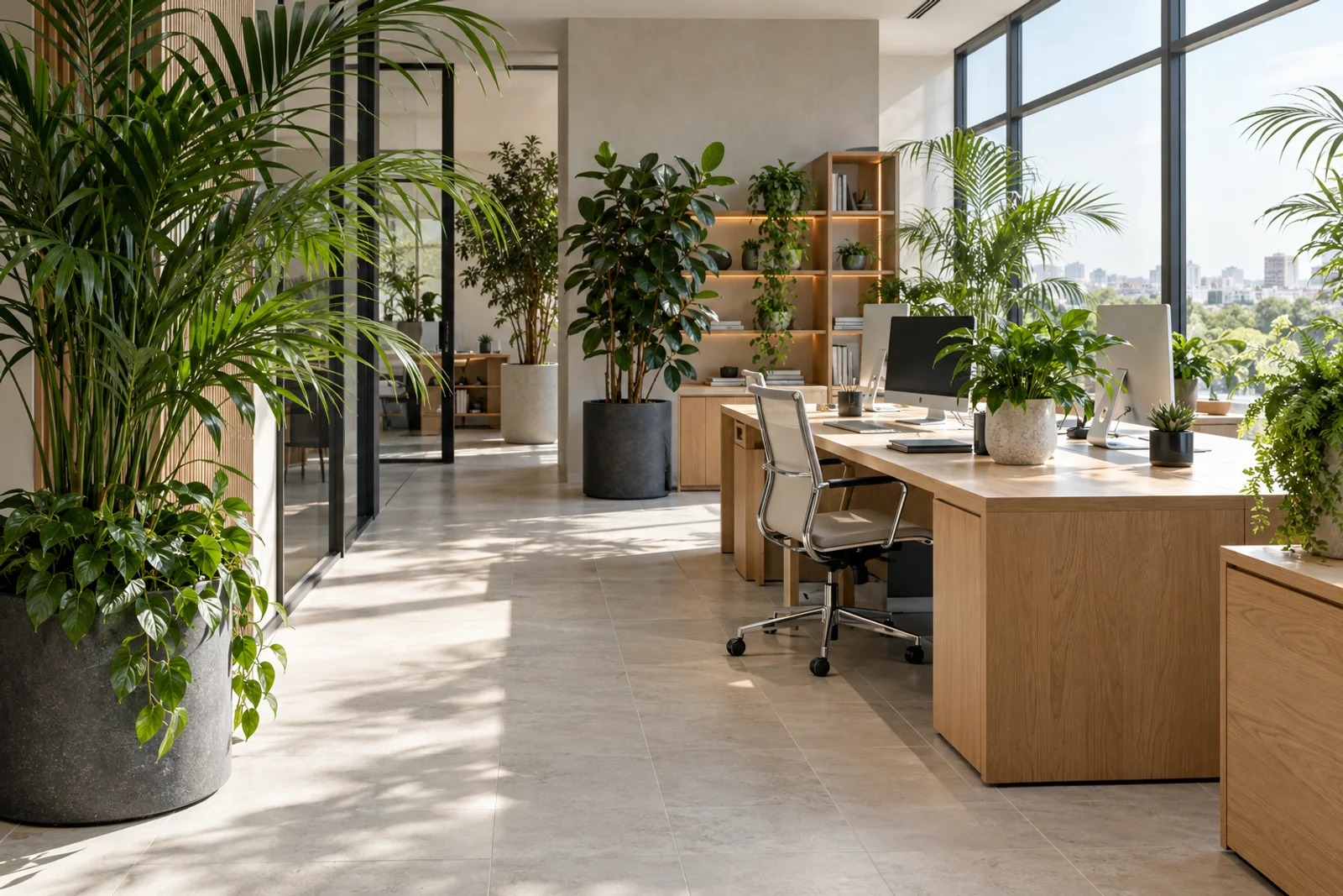 Illustratief licht kantoor met zorgvuldig geplaatste kamerplanten in mineralen potten